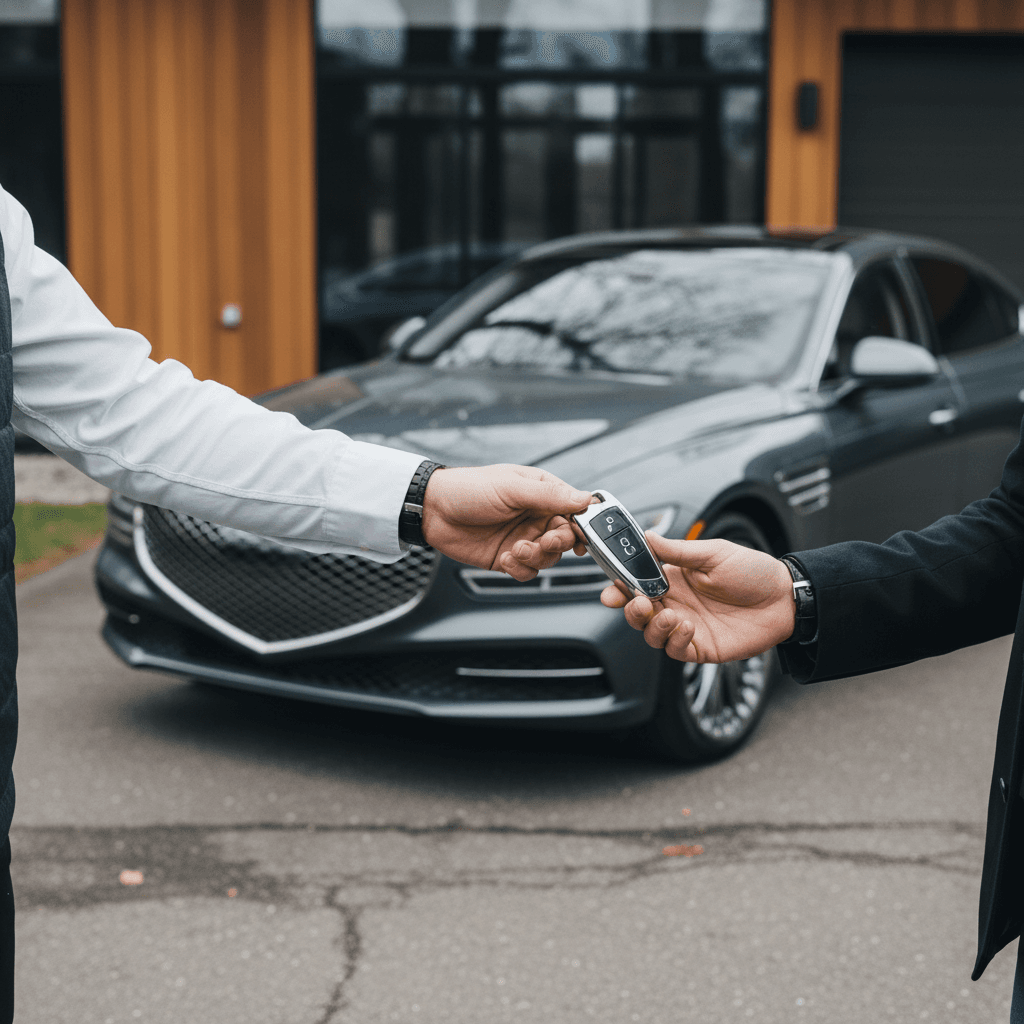 Seller handing over keys of a Genesis Electrified G80 to an EV-focused online buyer in a residential driveway