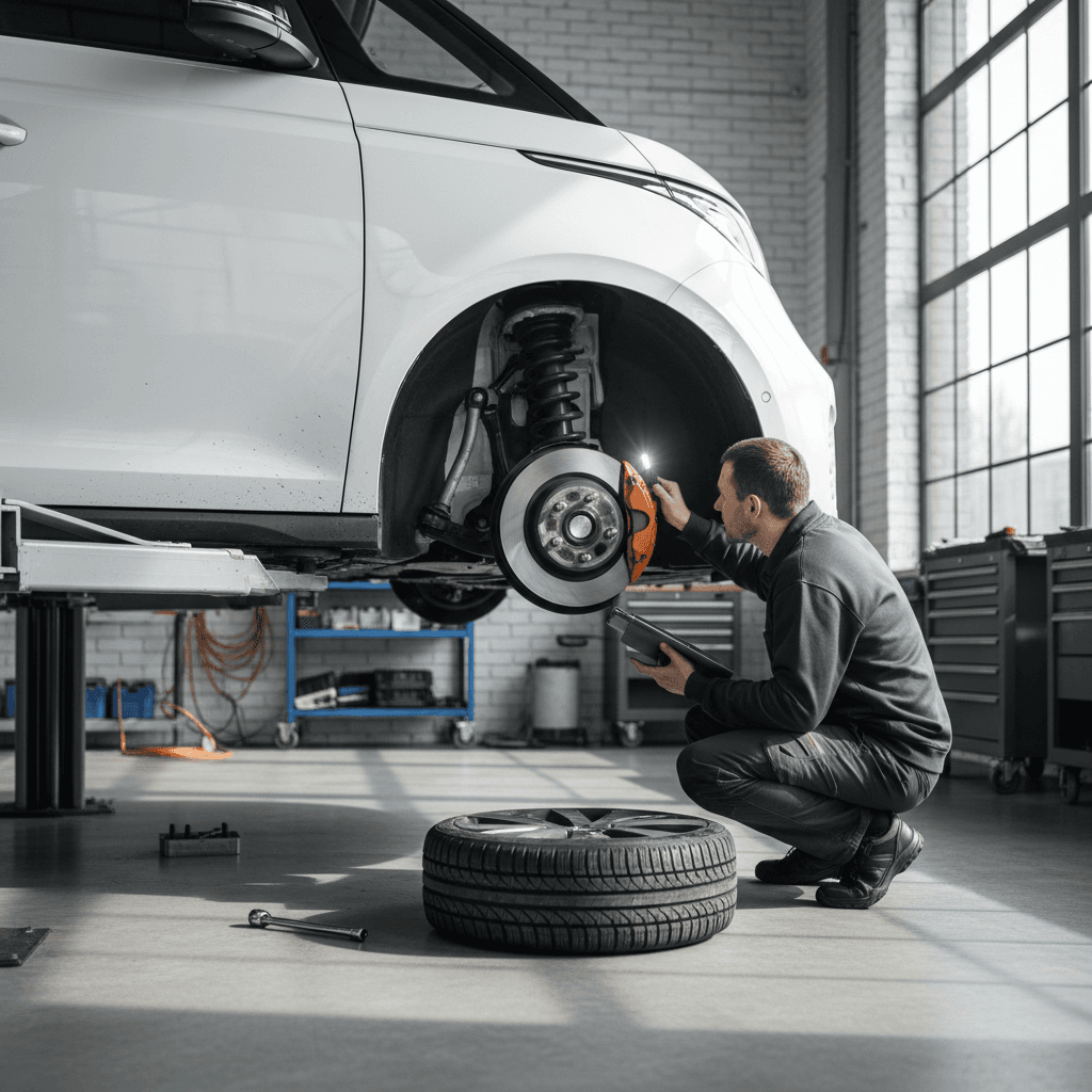 Volkswagen ID. Buzz on a lift as a technician inspects tires, brakes, and suspension components