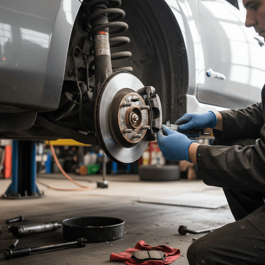 Mechanic inspecting the front brakes and suspension of a Nissan Leaf on a service lift