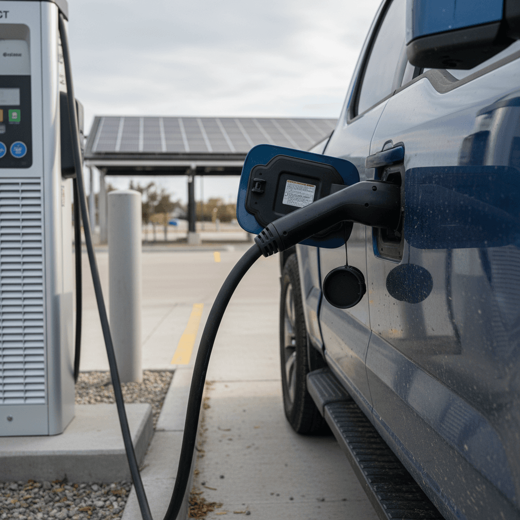 Used 2023 Ford F-150 Lightning plugged into a public DC fast charger