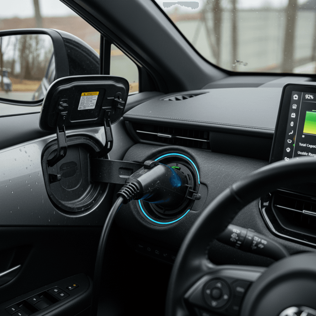 Toyota bZ4X charging port and in‑car display showing battery percentage and estimated range