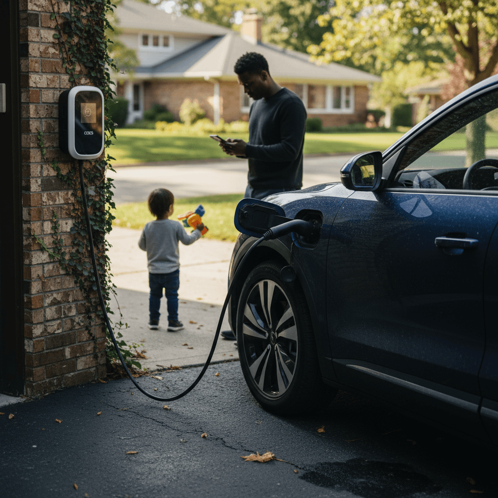 American family plugging an electric car into a home charger in their driveway