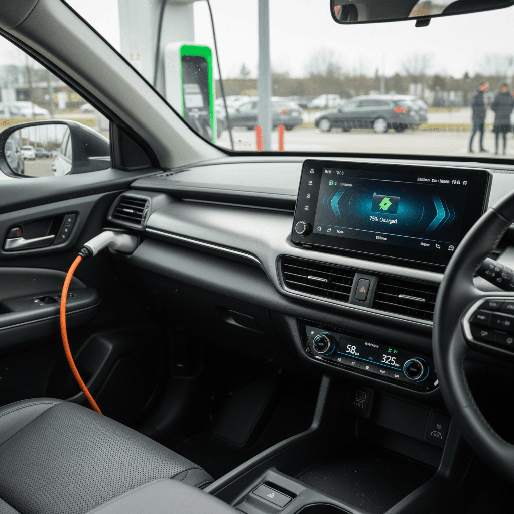 Driver sitting inside a Honda Prologue using the central touchscreen while the vehicle fast charges at a public station