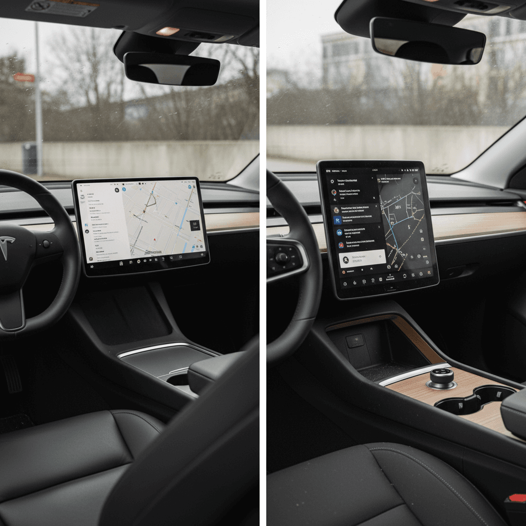 Side-by-side interiors of a Tesla Model 3 and Polestar 2 showing differences in screens and dashboard layout