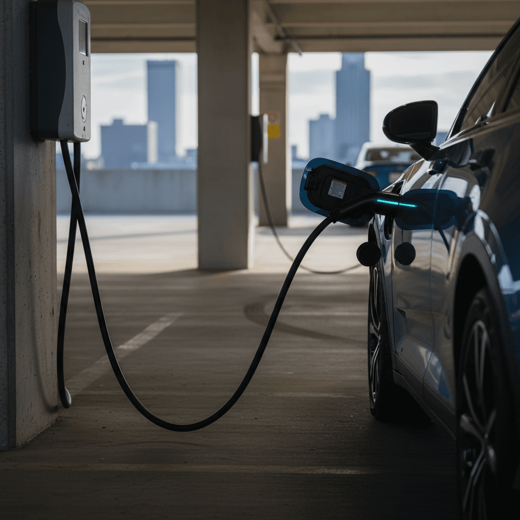 Electric car plugged into a Level 2 charging station in a multi-level Indianapolis parking garage