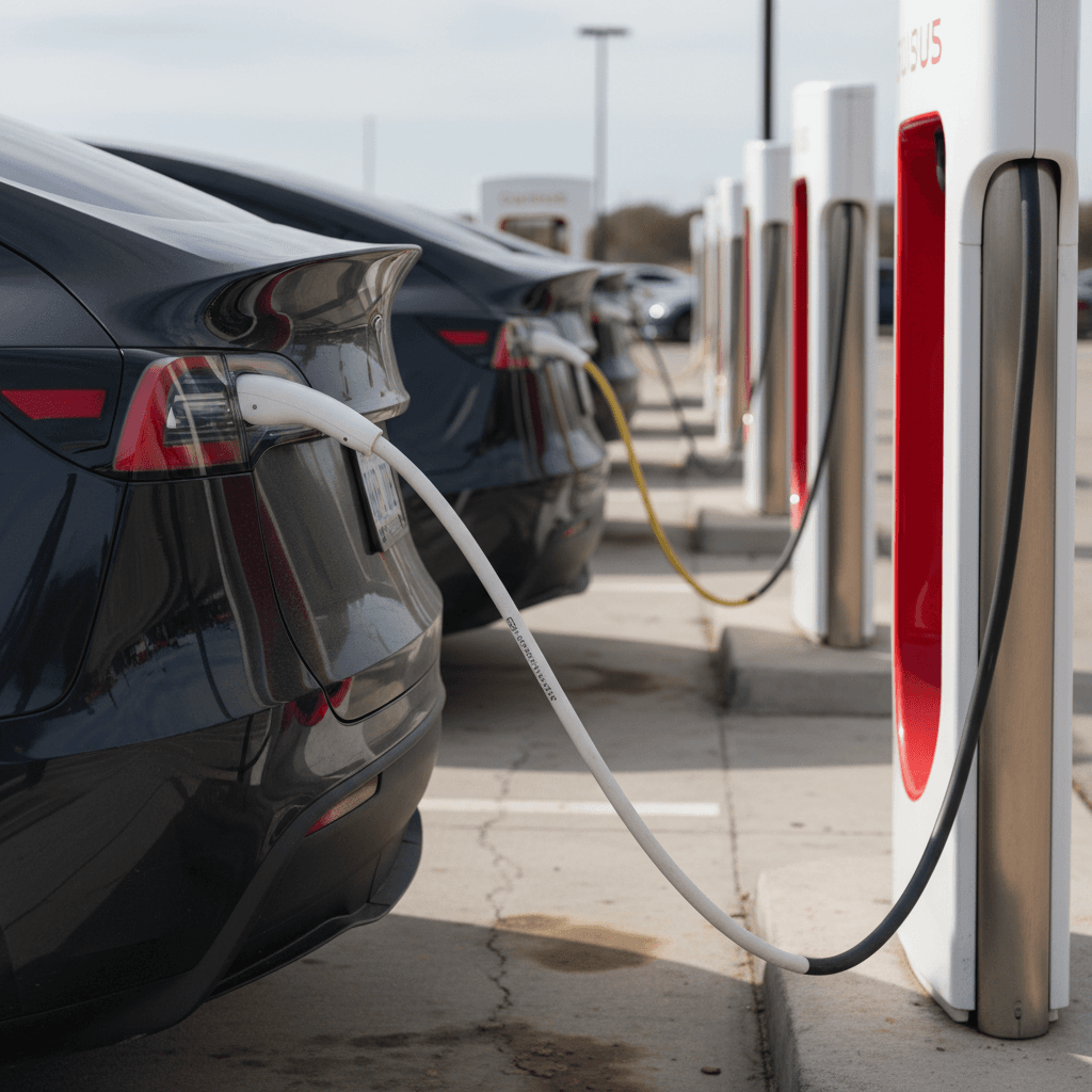 Mechanic inspecting a Tesla Model Y front wheel, brake rotor and suspension in a service bay