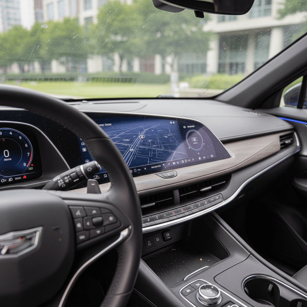 Driver’s view of a 2025 Cadillac Lyriq interior with curved display, ambient lighting and steering wheel.