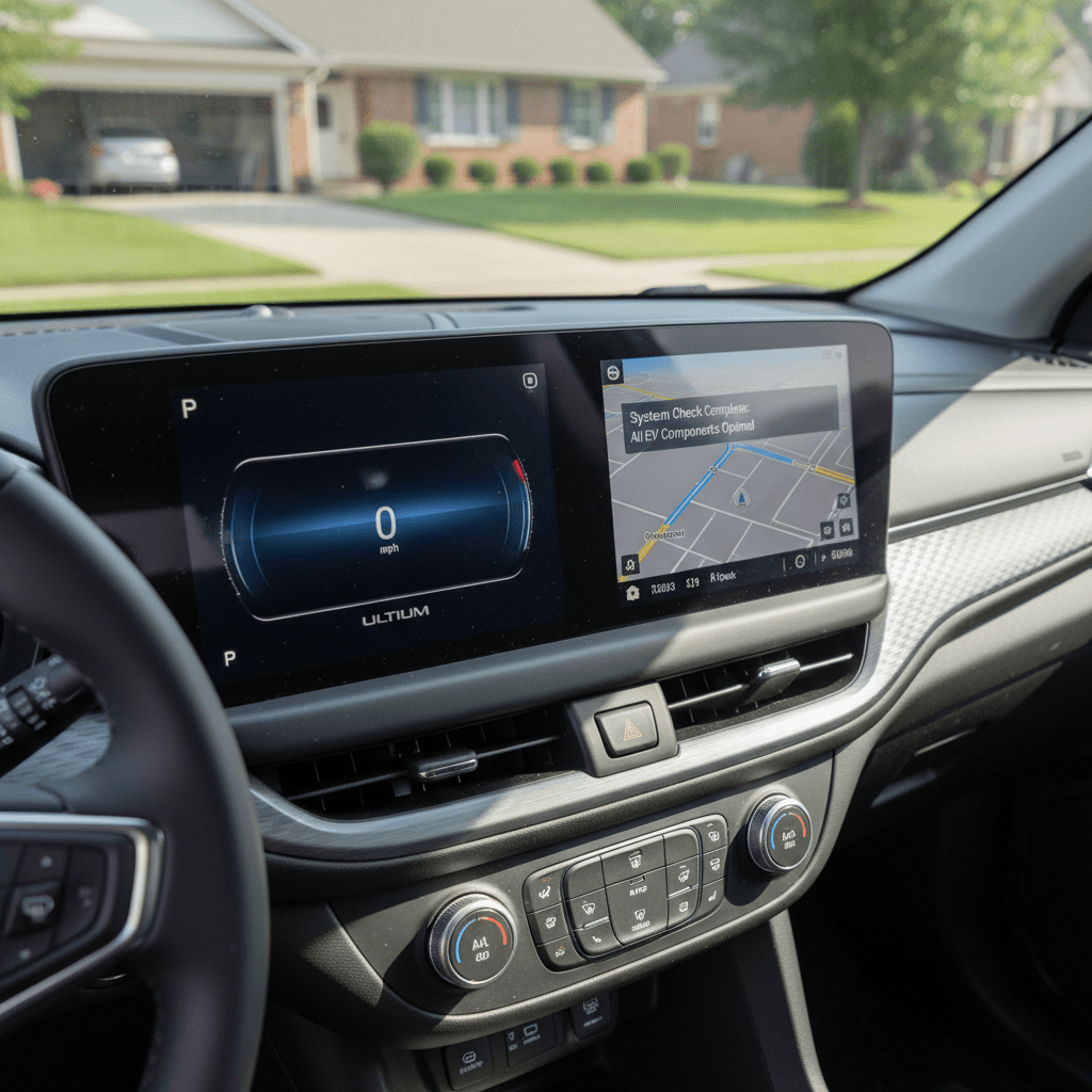 Interior of a Chevrolet Equinox EV showing the digital instrument cluster and central touchscreen, emphasizing software-heavy controls