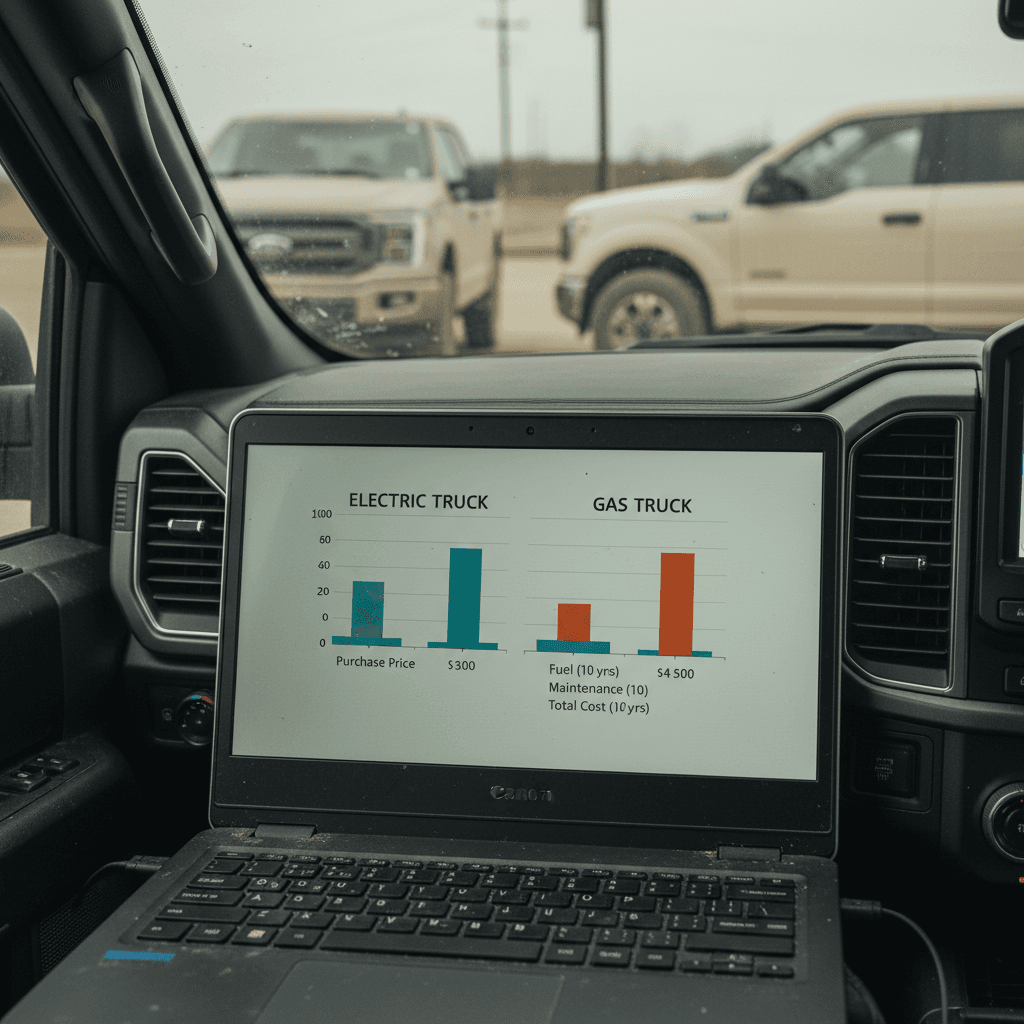 Laptop screen showing a cost breakdown chart comparing an electric Ford F-150 Lightning to a gas F-150