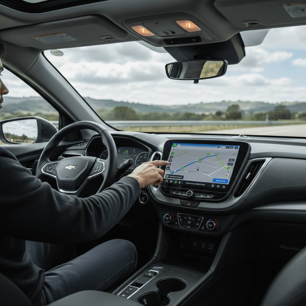 Driver using the Chevrolet Equinox EV’s large center touchscreen to view a route with fast-charging stops