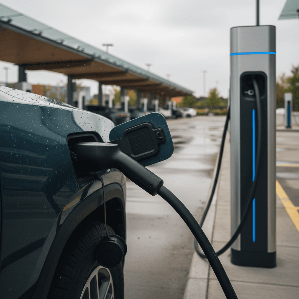 Rivian R1T plugged into a DC fast charger at a modern charging plaza