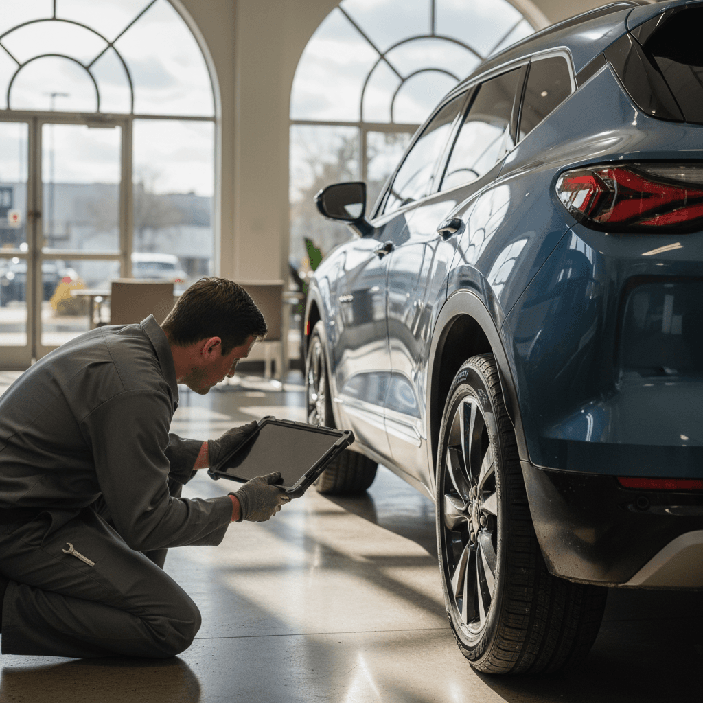Technician inspecting a used Chevrolet Blazer EV with a tablet during trade‑in appraisal