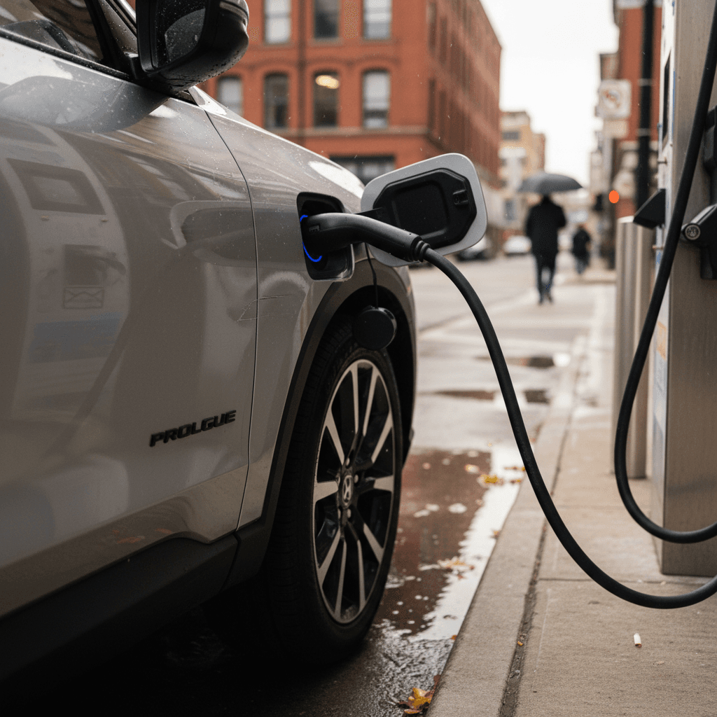 2026 Honda Prologue charging at a DC fast charger in the city, illustrating its Ultium battery and fast-charging capability