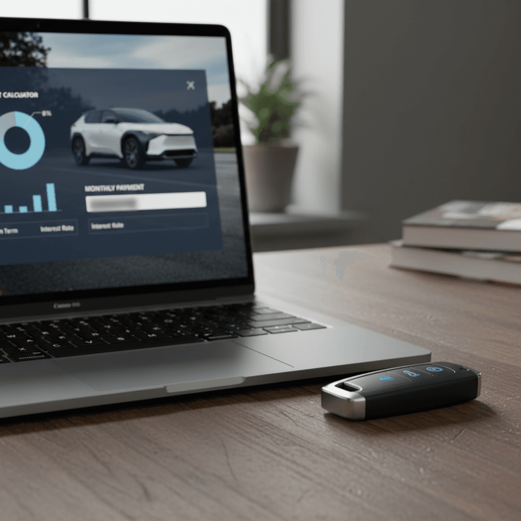 Laptop displaying a car payment calculator next to a Toyota bZ4X key fob on a desk