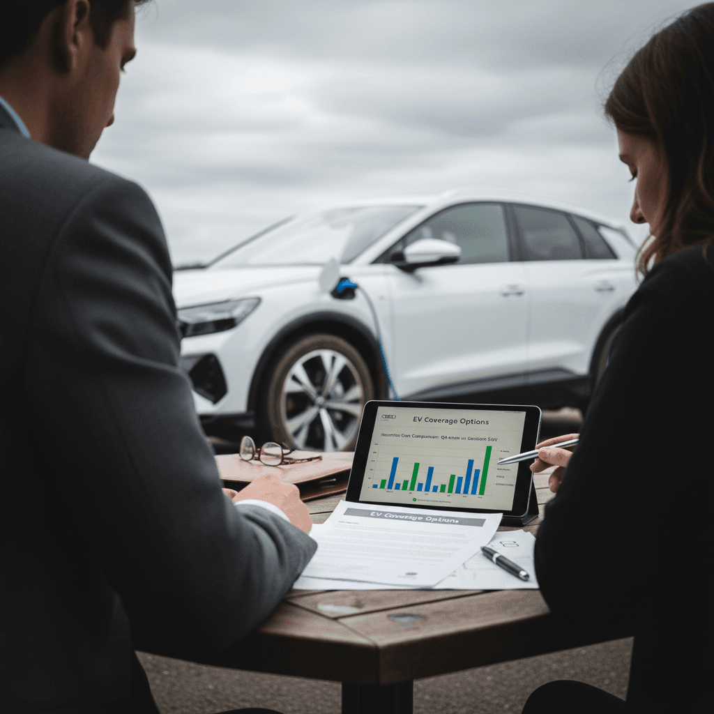 Insurance agent and Audi Q4 e-tron driver reviewing policy options and monthly premiums at a desk