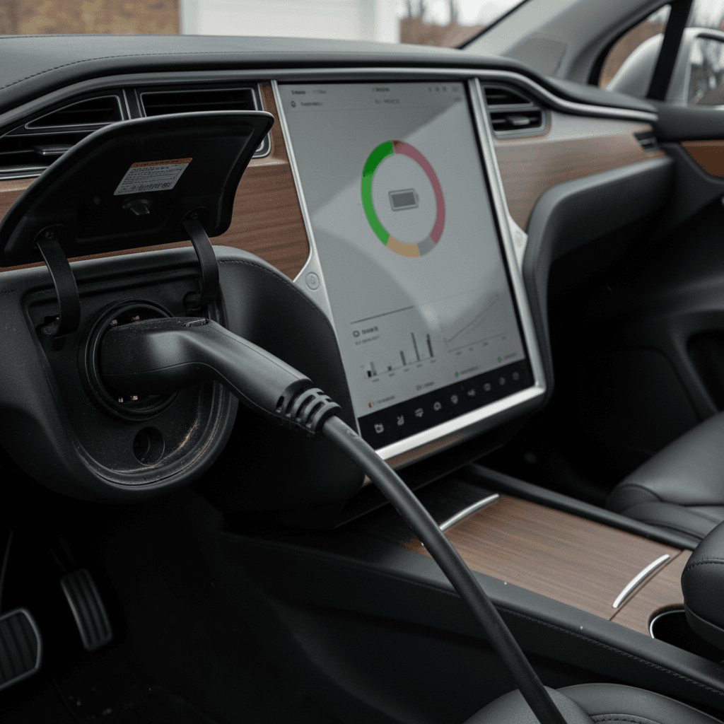 Detail of a Tesla Model X charging port and touchscreen showing battery range and state of charge