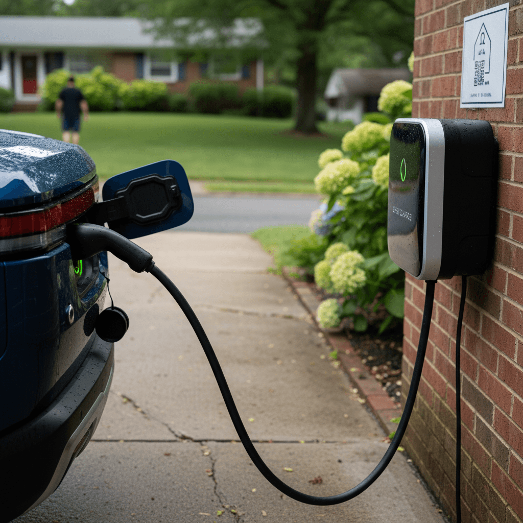 Electric vehicle plugged into a Level 2 wall charger at a single family home in Maryland