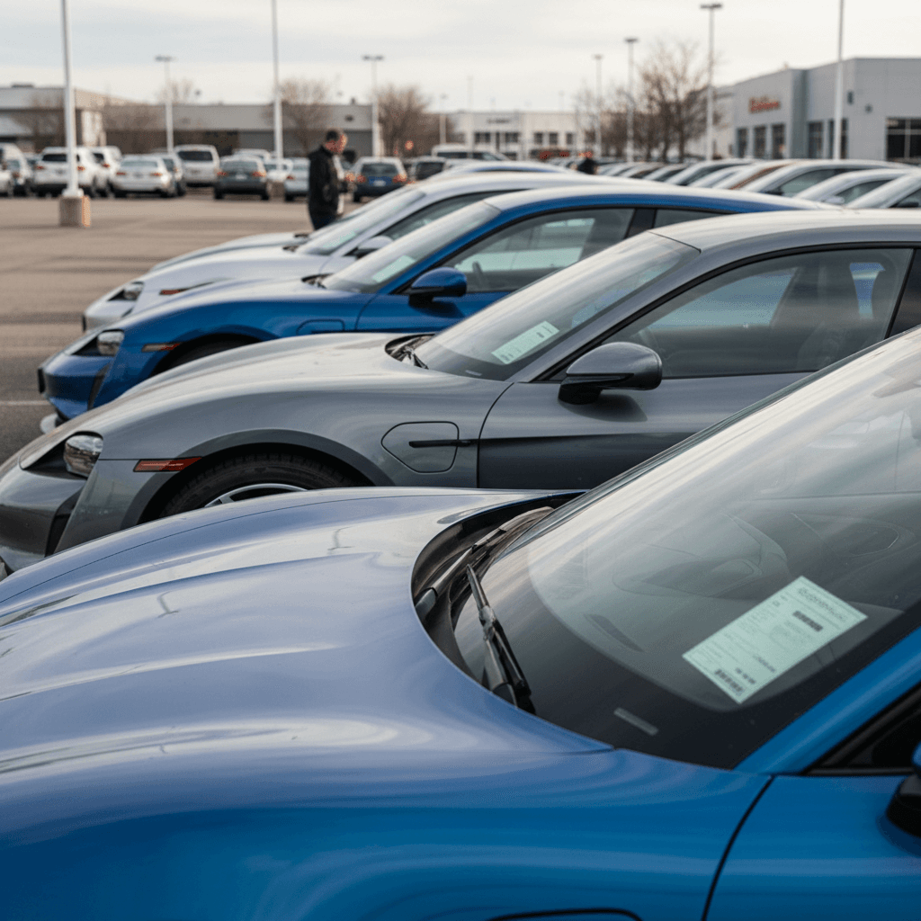 Row of used Porsche Taycan sedans and Cross Turismos on a dealer lot with price stickers on the windshields