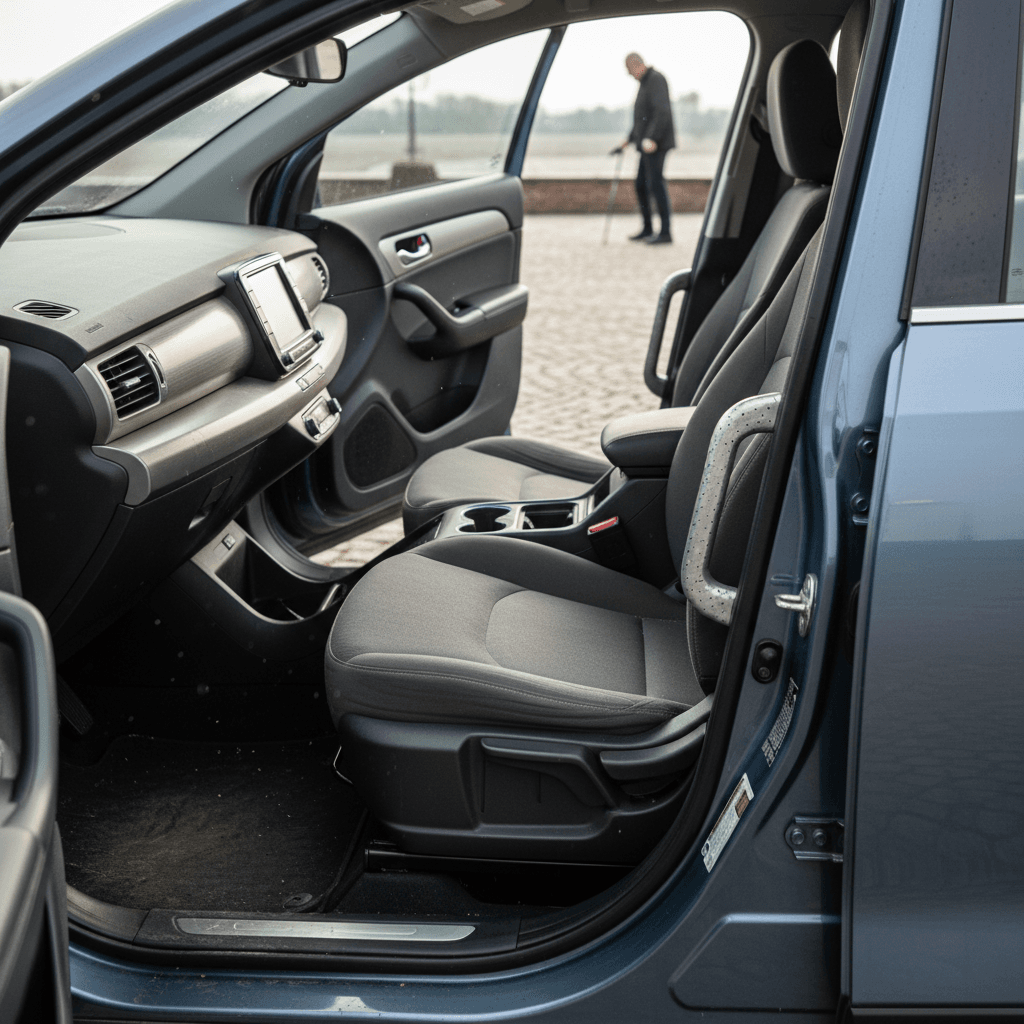 Side view of an electric crossover in a driveway with a driver using a cane plugging into a home Level 2 charger