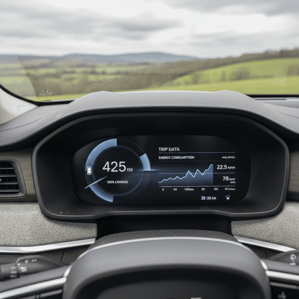 Volvo EX90 digital cluster showing battery range estimate and energy consumption graph on a highway drive