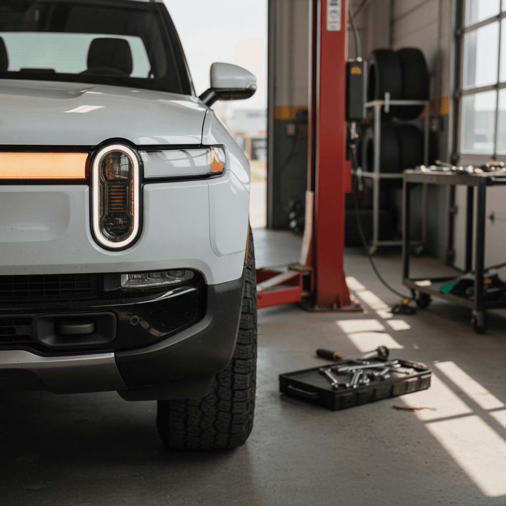 Close-up of a Rivian R1T front corner on a service lift showing headlight, turn signal, and wheel during an inspection