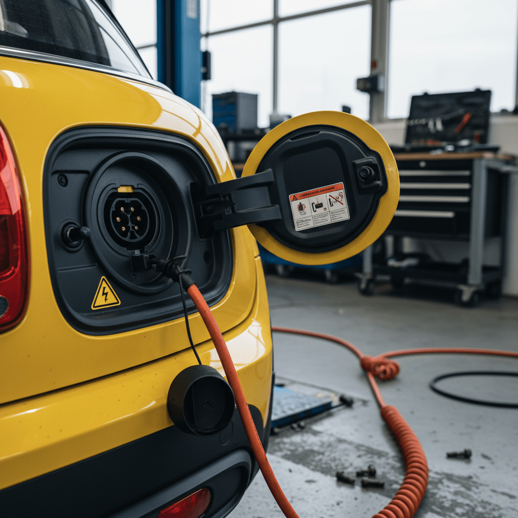 Mini Cooper SE electric hatchback plugged into a charger with warning labels visible near the charging port