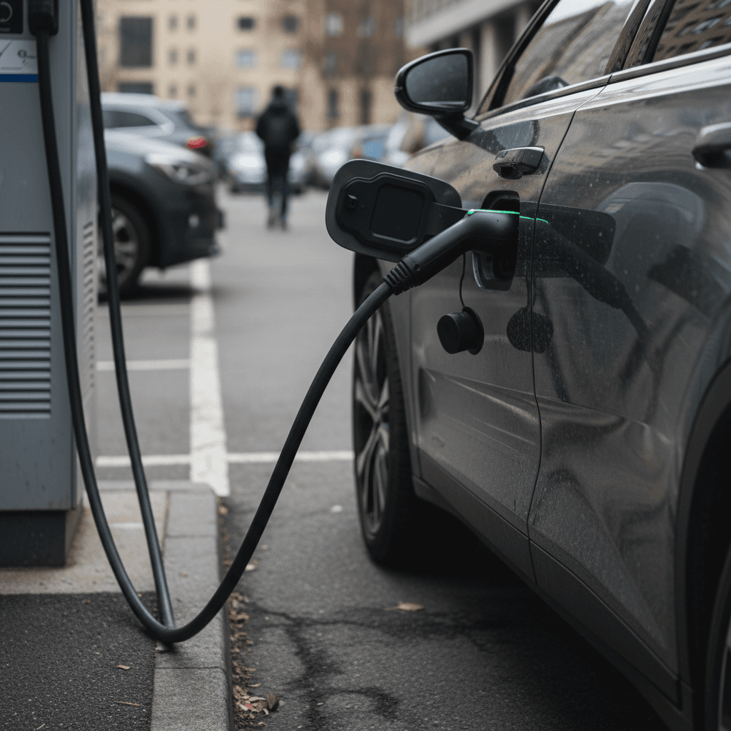 A 2022 Polestar 2 connected to a public DC fast charger in an urban parking lot