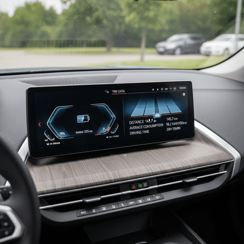 BMW iX driver display and center screen showing battery charge, remaining range, and trip efficiency data during a highway drive