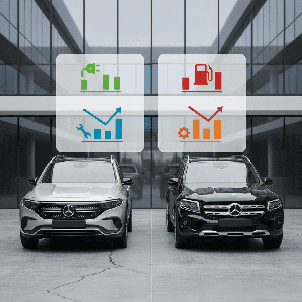Side by side graphic comparing Mercedes EQB electric SUV and Mercedes GLB gas SUV highlighting fuel and maintenance savings over five years