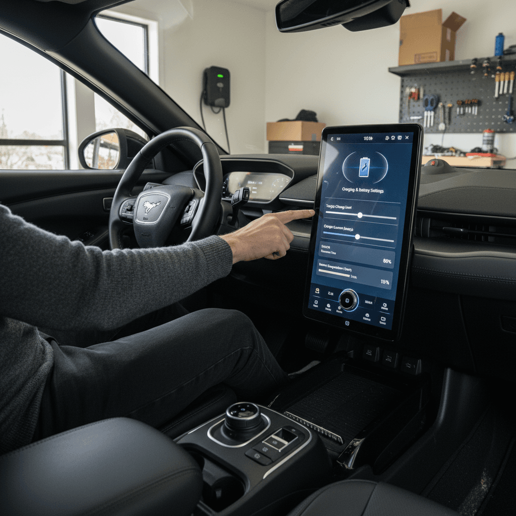 Driver adjusting Ford Mustang Mach-E charging target on the center touchscreen in a home garage