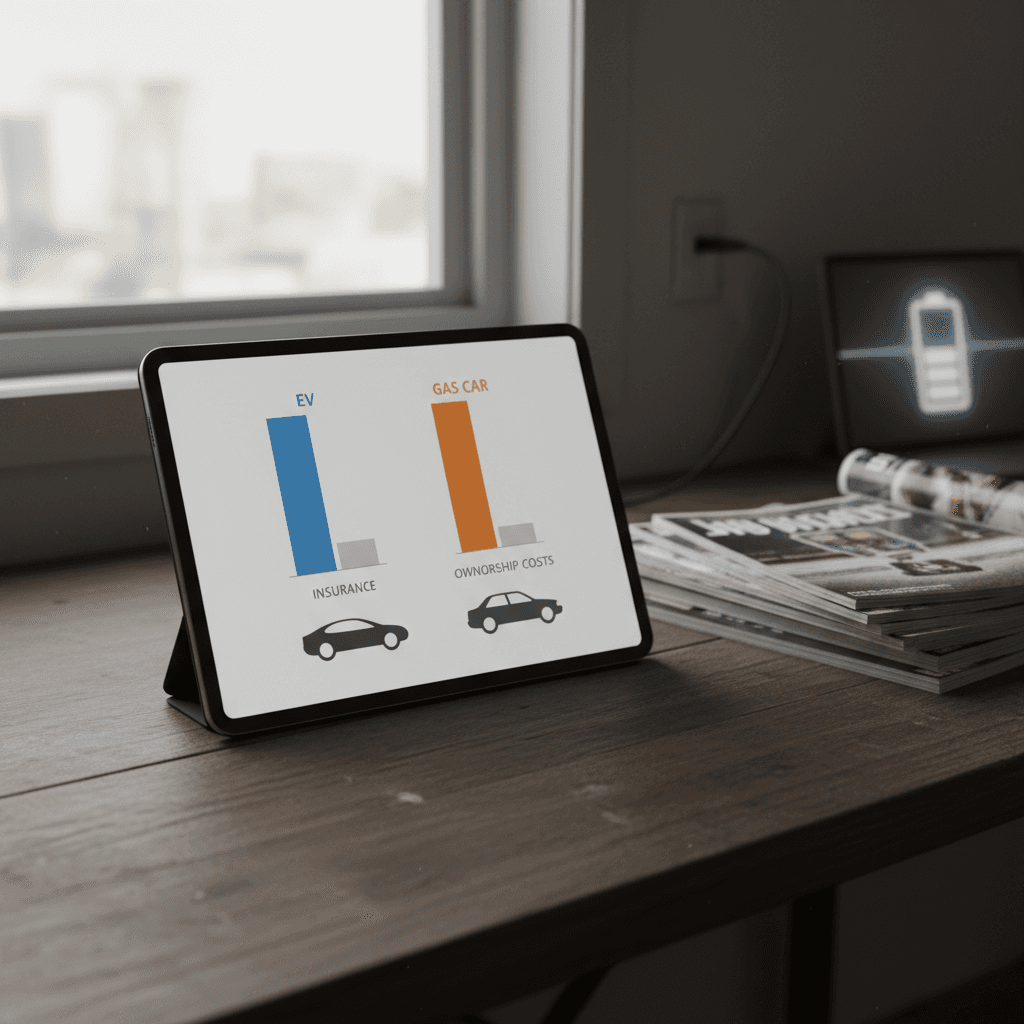 Simplified chart comparing EV and gas car costs over 10 years, with insurance a smaller slice than fuel and maintenance