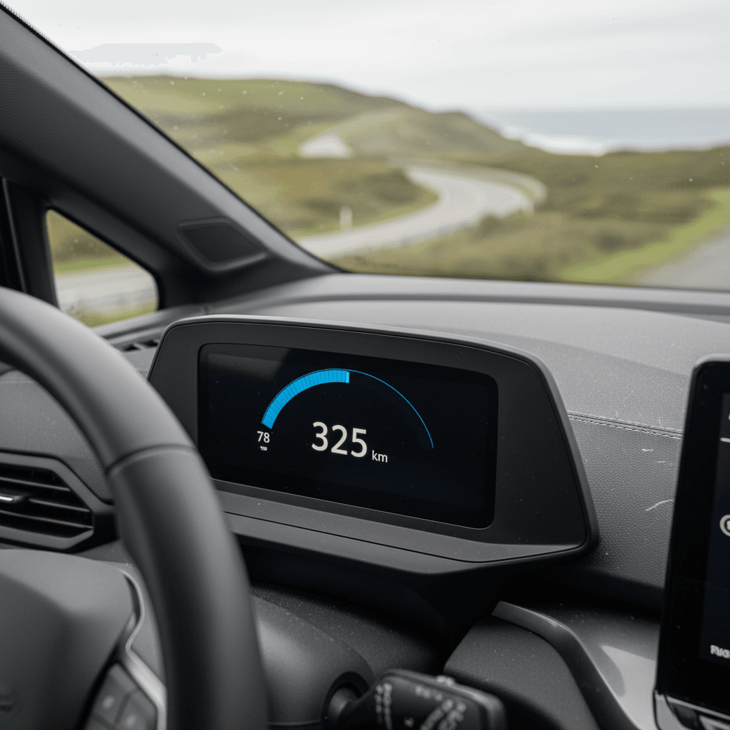 Volkswagen ID.4 digital gauge cluster displaying state of charge and estimated remaining range during a highway range test