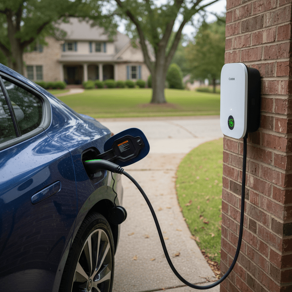 Electric vehicle plugged into a home wallbox charger in a Georgia suburban driveway