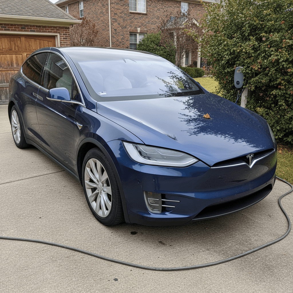 Used Tesla Model X parked in a residential driveway showing falcon-wing doors and subtle wear