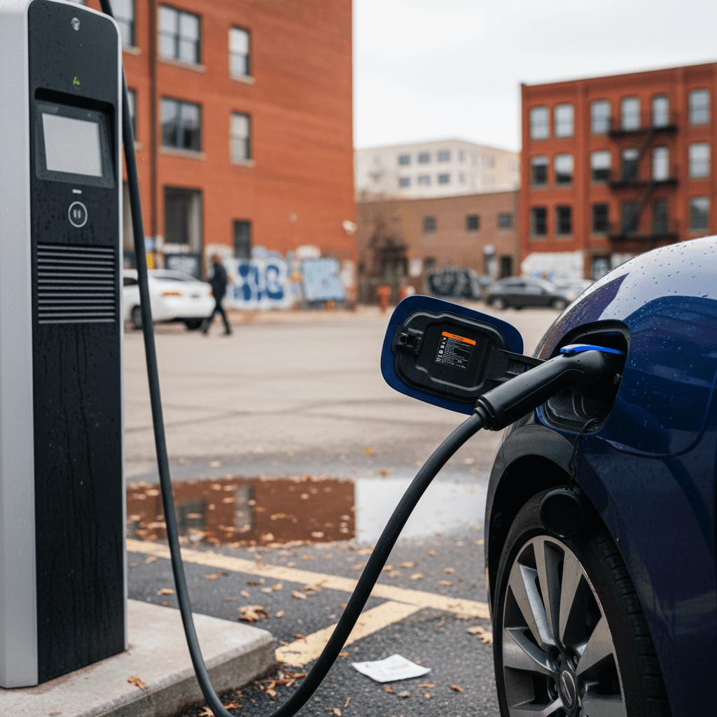 Electric vehicle plugged into a DC fast charging station in an urban Detroit parking lot at dusk
