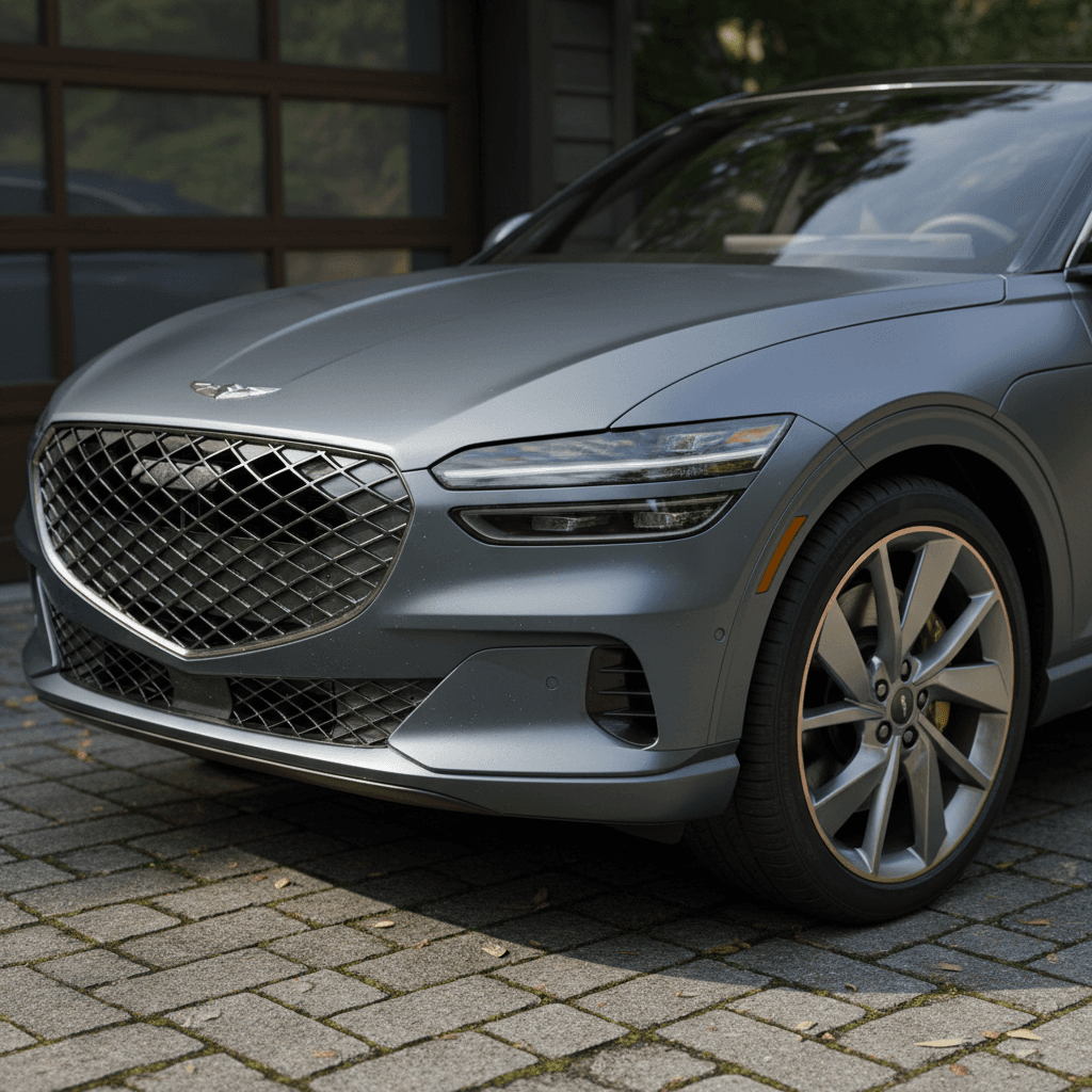 Close view of a 2023 Genesis GV60 plugged into a Level 2 home charger in a driveway