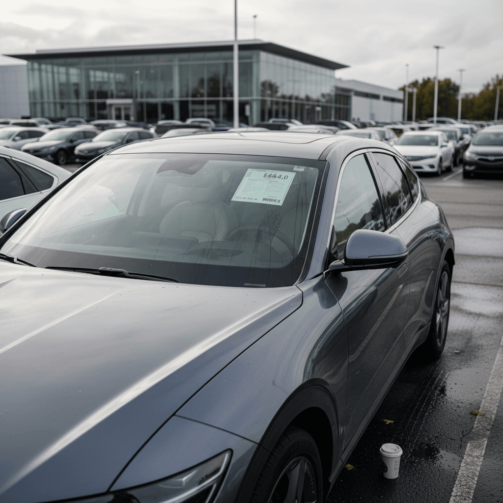 Used Genesis GV60 electric SUV parked on a dealer lot with a visible price sticker in the window