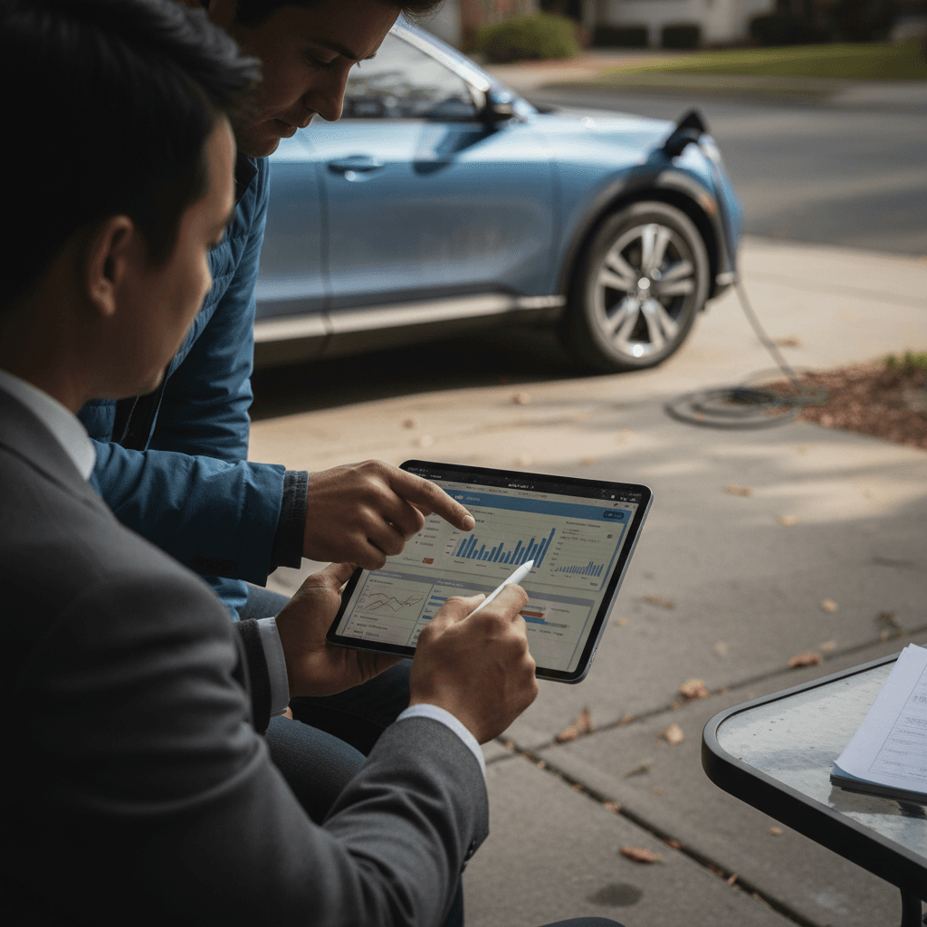 Honda Prologue owner discussing EV insurance options with an agent using a tablet in a driveway