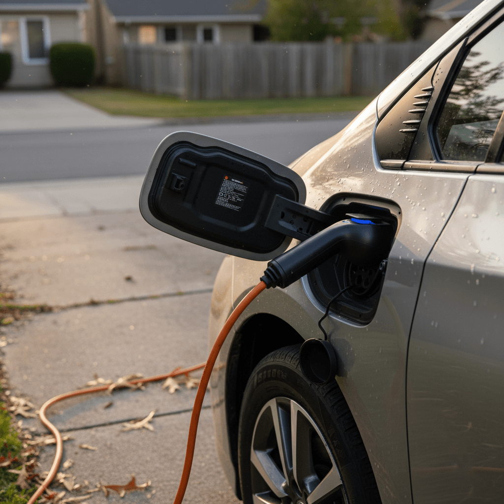 Charging cable plugged into the charge port of a Toyota Prius Prime parked in a driveway