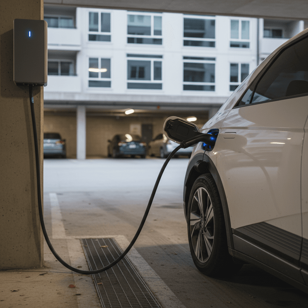 Electric car plugged into a shared Level 2 charger in an apartment parking lot with multifamily buildings in the background