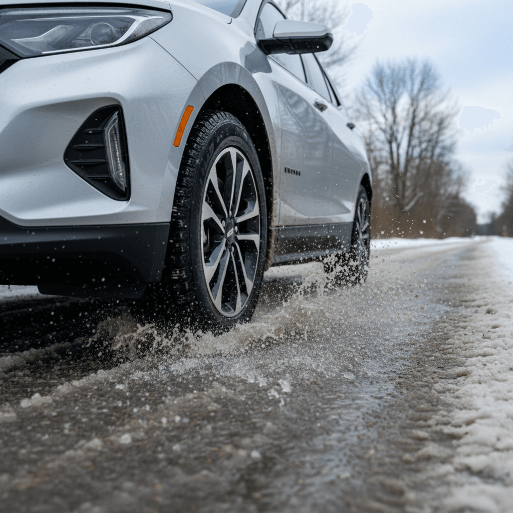 Chevrolet Equinox EV front wheel and tire driving through slushy winter road, showing tread cutting through water and snow
