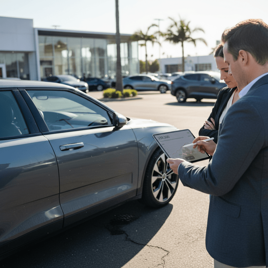 Owner and appraiser reviewing a 2022 Polestar 2 battery and trade-in report on a tablet in front of the car