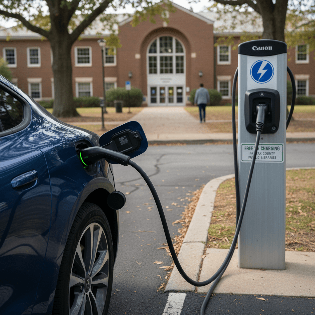 An electric car charging for free at a public Level 2 charging station outside a Northern Virginia library