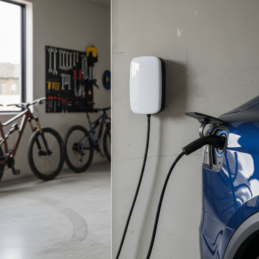 Tesla Model X plugged into a Wall Connector in a home garage, showing tidy cable management