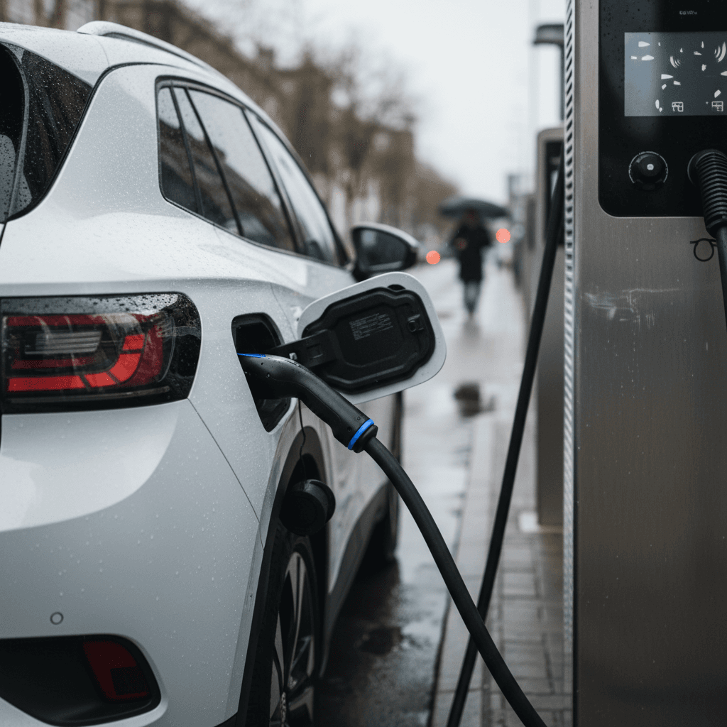 A white 2023 Volkswagen ID.4 connected to a DC fast charger at a modern public EV charging station