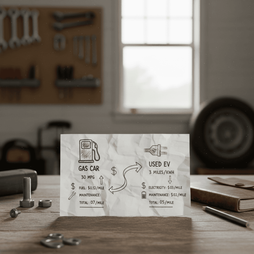 Side-by-side comparison chart showing cost per mile for a 30 mpg gas car and a used EV, with icons for fuel, maintenance, and electricity costs.