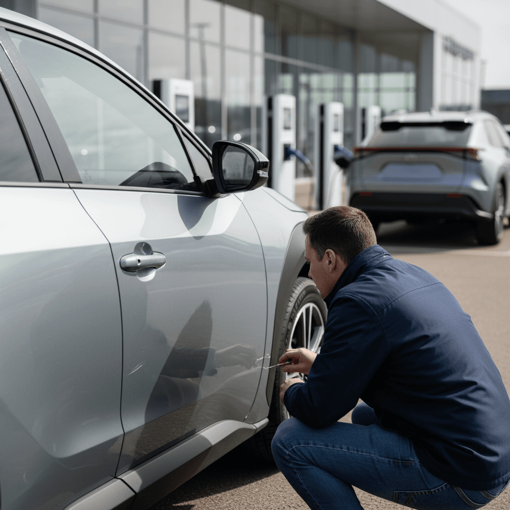 Used 2023 Toyota bZ4X being inspected by a shopper with the crossover plugged into a charger in the background