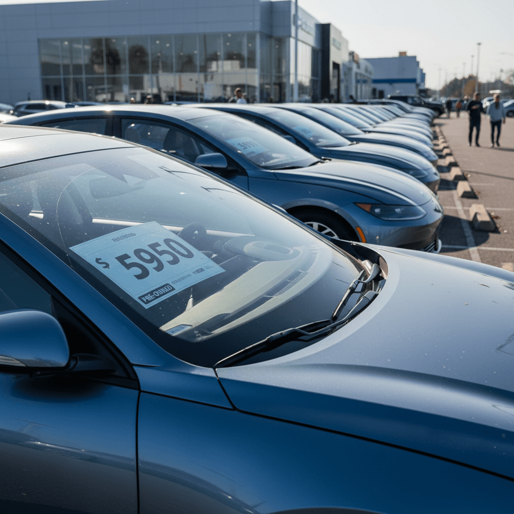Lineup of used Hyundai IONIQ 6 sedans parked on a dealer lot with visible price stickers