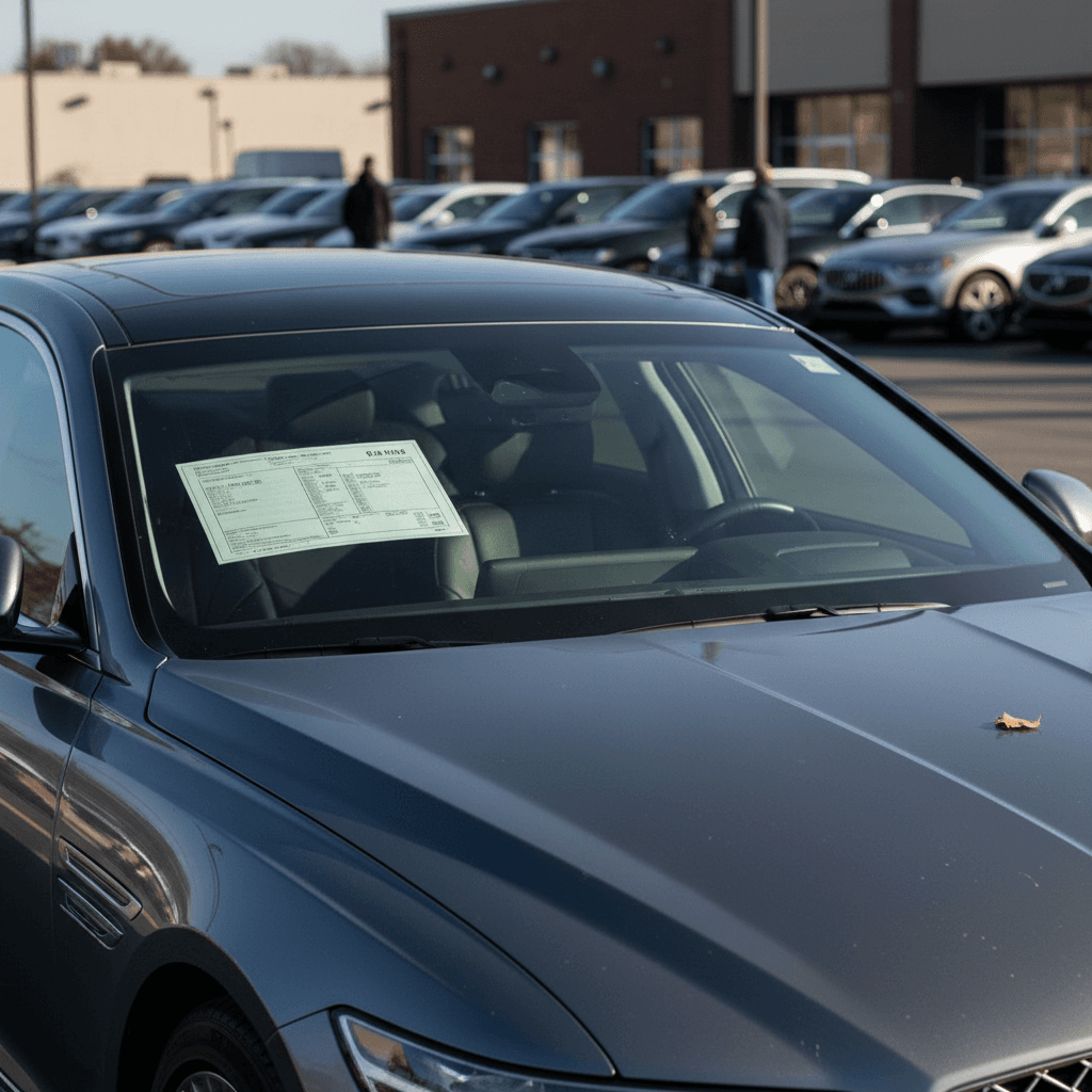 Used Genesis Electrified G80 sedan parked at a dealership lot with a price sticker on the windshield
