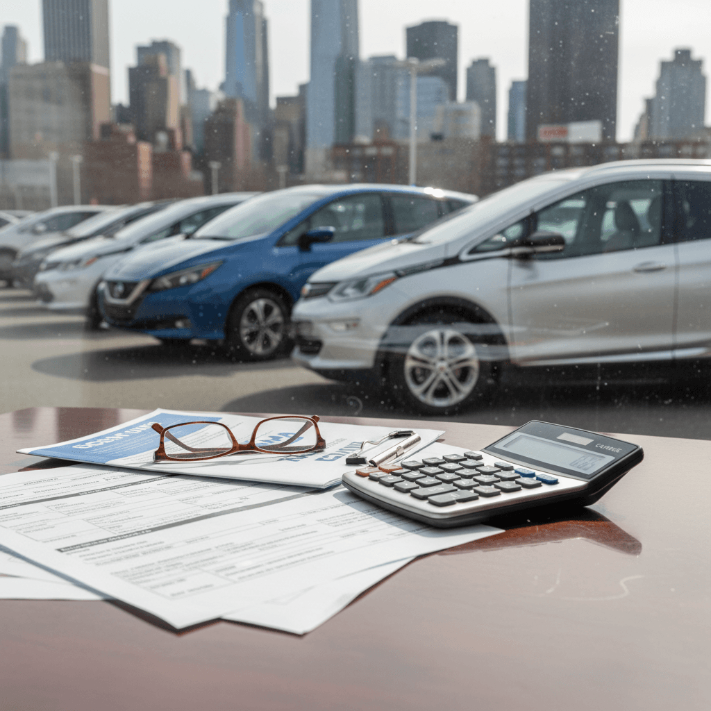 Buyer reviewing incentive paperwork and financing options for a used electric car in New York